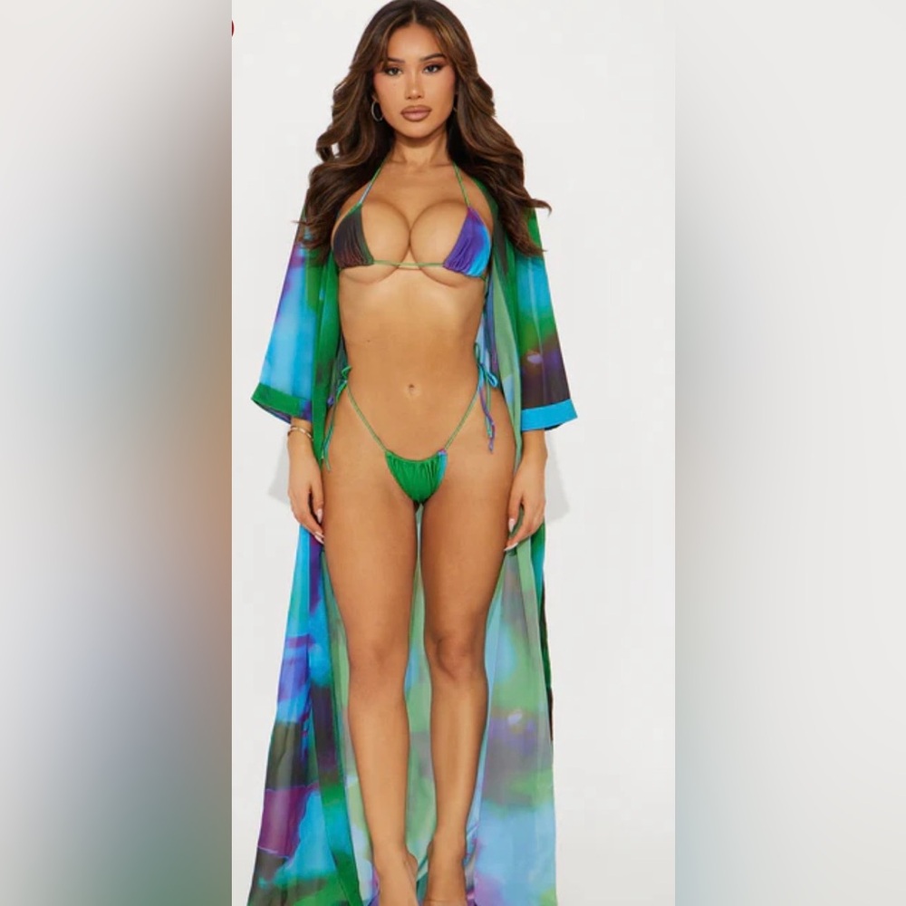 Fashion Nova Green Tie-Side Micro Bikini Set with Blue-Purple Accents